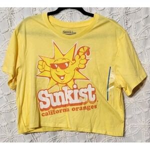 Sunkist‎ Tee Womens L Cropped Graphic Logo Spell Out Yellow Orange Cali NWT